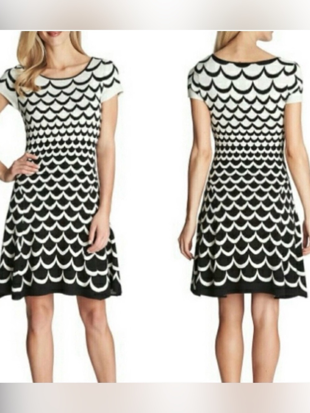 CeCe Women’s Black and White Scallop Pattern Fit and Flare Dress Size Small